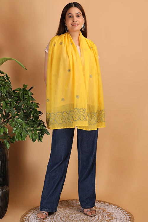 Shwet Women Yellow Chikankari Chanderi Stole