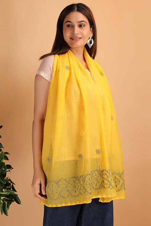 Shwet Women Yellow Chikankari Chanderi Stole