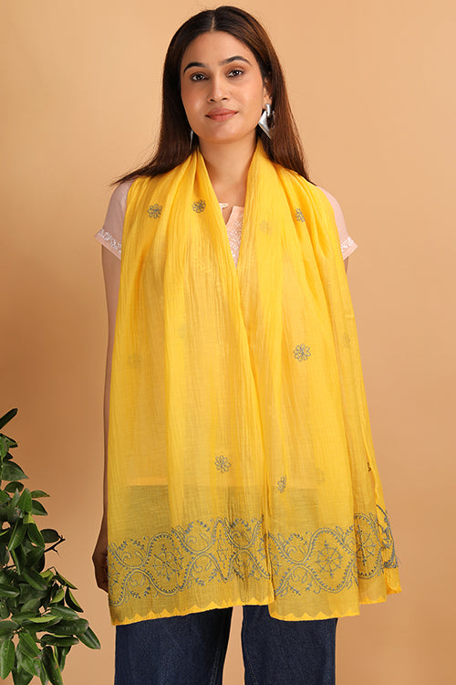 Shwet Women Yellow Chikankari Chanderi Stole