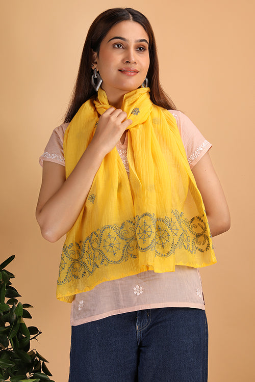 Shwet Women Yellow Chikankari Chanderi Stole