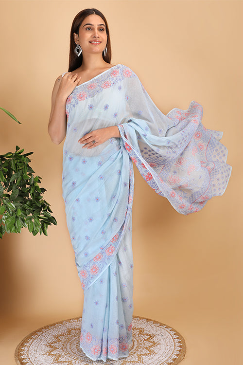 Shwet Sky Blue And Peach Kota Cotton Chikankari Saree
