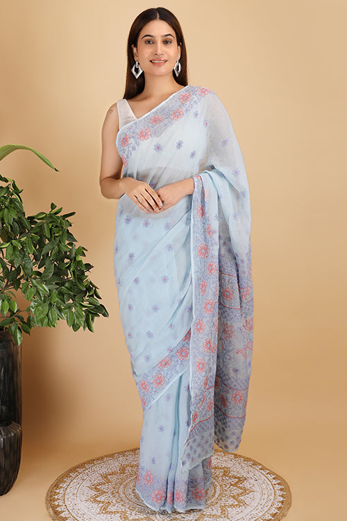 Shwet Sky Blue And Peach Kota Cotton Chikankari Saree