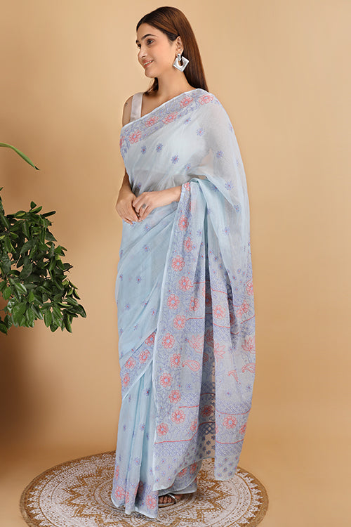 Shwet Sky Blue And Peach Kota Cotton Chikankari Saree