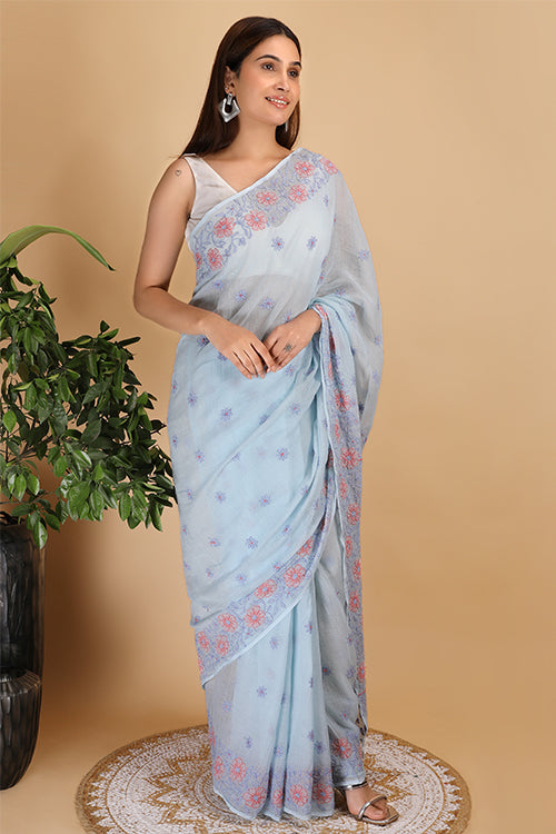 Shwet Sky Blue And Peach Kota Cotton Chikankari Saree