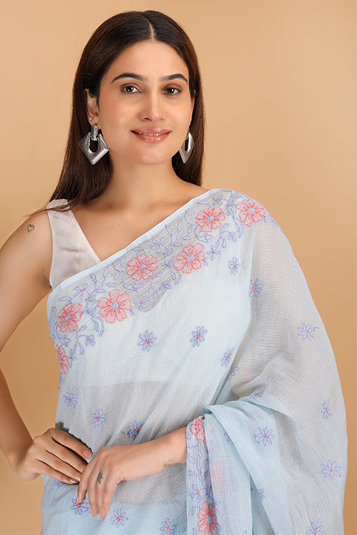 Shwet Sky Blue And Peach Kota Cotton Chikankari Saree