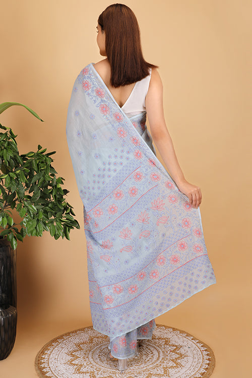 Shwet Sky Blue And Peach Kota Cotton Chikankari Saree