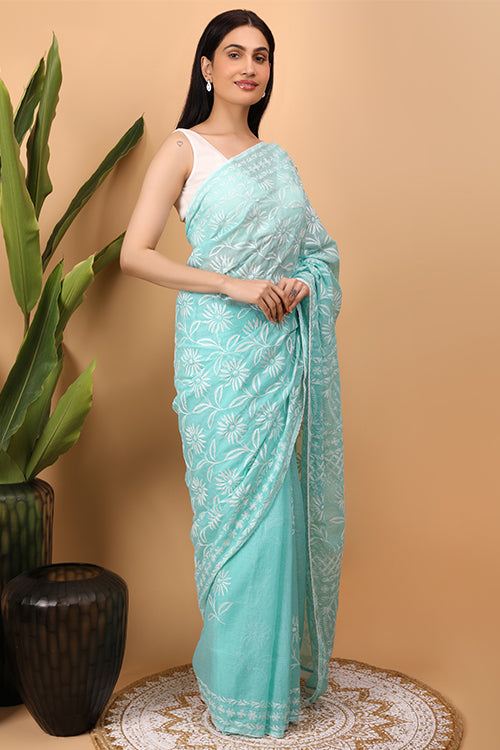 Shwet Cyan Blue Kota Cotton Chikankari Saree Online – Okhaistore