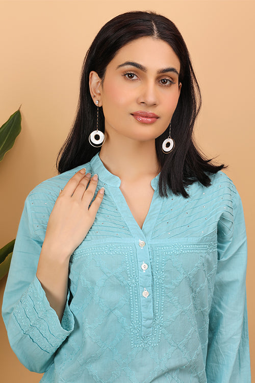 Shwet Women Cyan Blue Chikankari Kurta