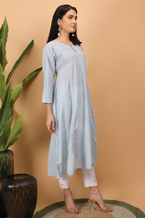 Shwet Women Grey Chikankari Kali Kurti
