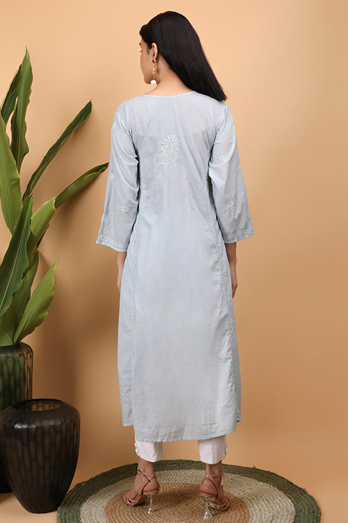 Shwet Women Grey Chikankari Kali Kurti