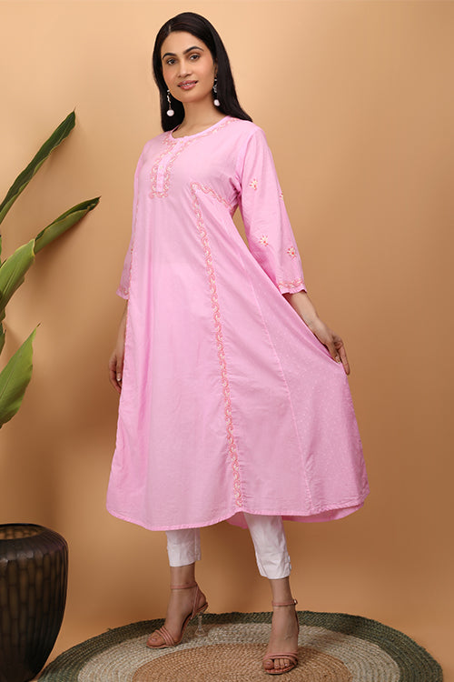 Shwet Women Pink Chikankari Kali Kurti - 269