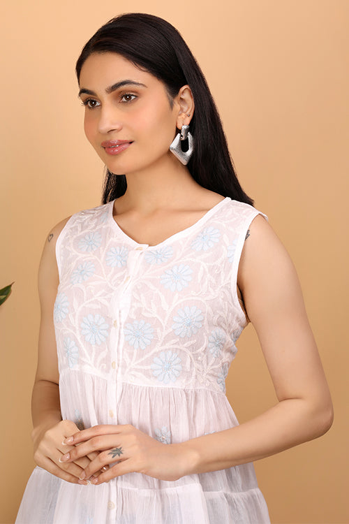 Shwet Women White Chikankari Sleevless Tier Top - 293
