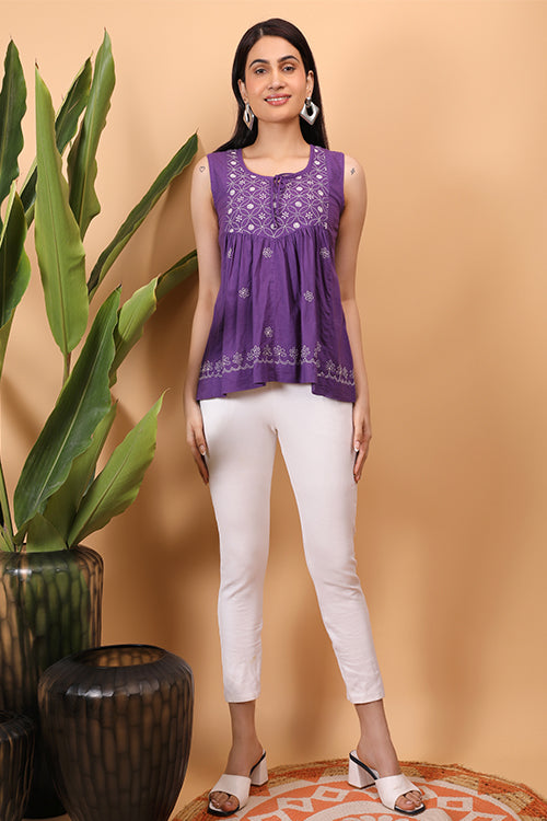 Shwet Women Purple Chikankari Sleevless Yoke Top