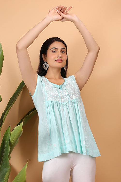 Shwet Women Sea Blue Chikankari Sleevless Yoke Top