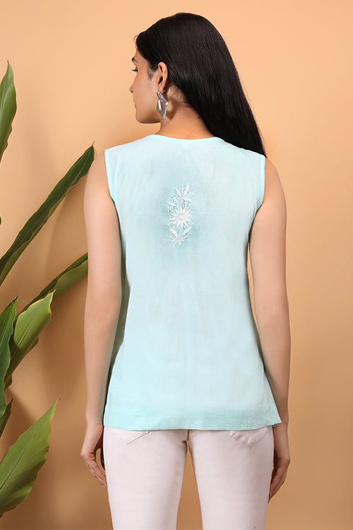 Shwet Women Sea Blue Chikankari Sleevless Yoke Top