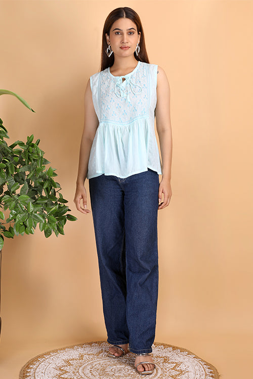 Shwet Women  Sky Blue   Chikankari Sleevless  Yoke Top