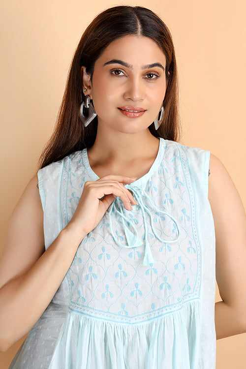 Shwet Women  Sky Blue   Chikankari Sleevless  Yoke Top