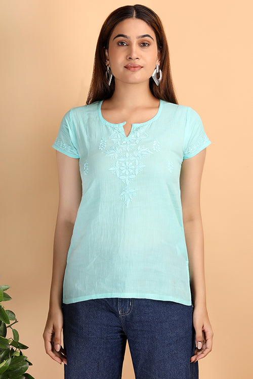 Shwet Women Sea Green Chikankari Cotton Short Top