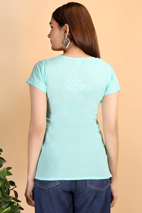 Shwet Women Sea Green Chikankari Cotton Short Top