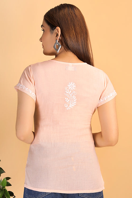 Shwet Women Peach Chikankari Cotton Short Top