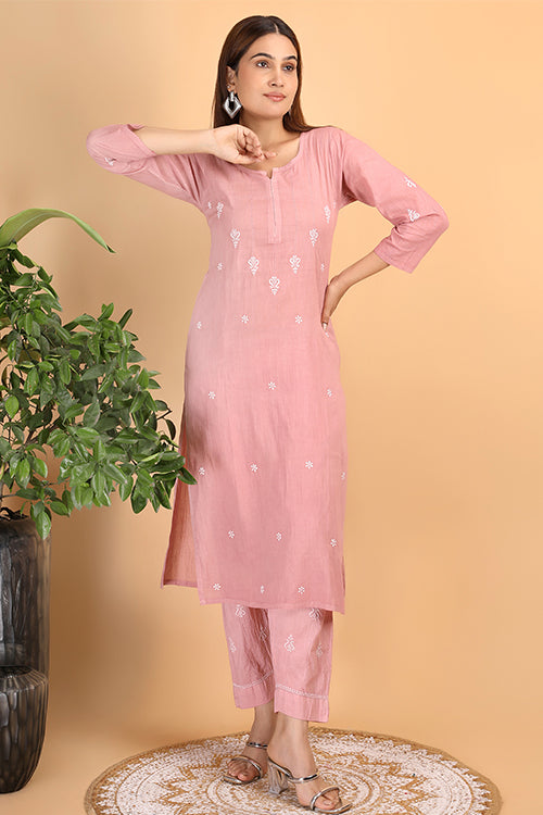 Peach chikankari kurta pants popular set