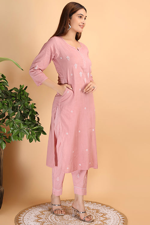 Shwet Women Peach Chikankari Kurta Pants