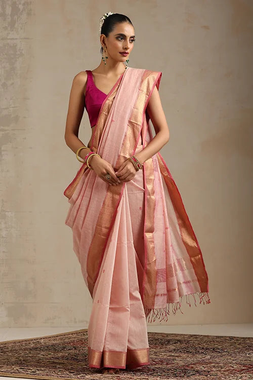 Handweave Maheshwari Handloom Peachy Pink Silk Cotton Zari Border Ruiphool Buti Saree.