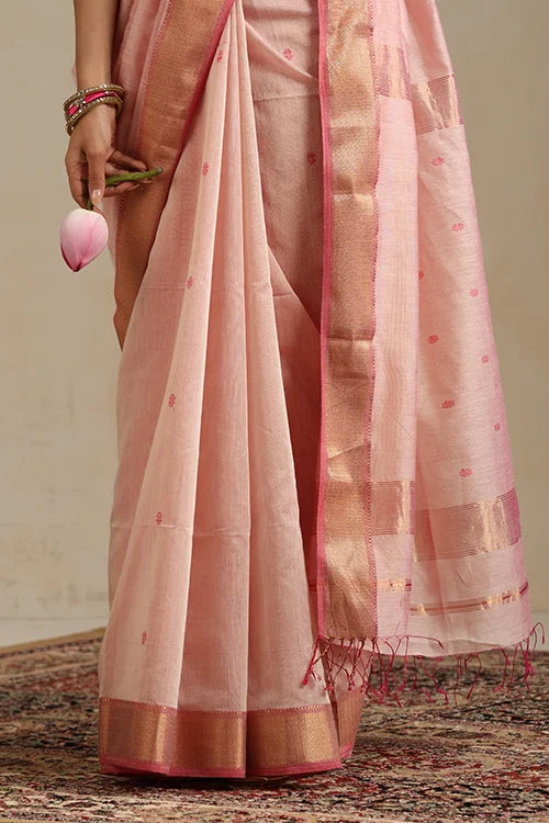 Handweave Maheshwari Handloom Peachy Pink Silk Cotton Zari Border Ruiphool Buti Saree.