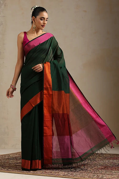 Handweave Maheshwari Handloom Forest Green Silk Cotton Resham Border Tri Coloured Pallu With Ganga Jamuna Border Saree.