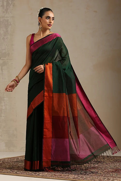 Handweave Maheshwari Handloom Forest Green Silk Cotton Resham Border Tri Coloured Pallu With Ganga Jamuna Border Saree.