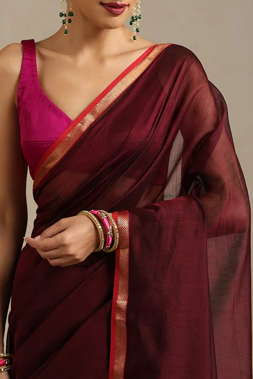 Handweave Maheshwari Handloom Wine Silk Cotton Kosa Pallu Saree With Zari Border.