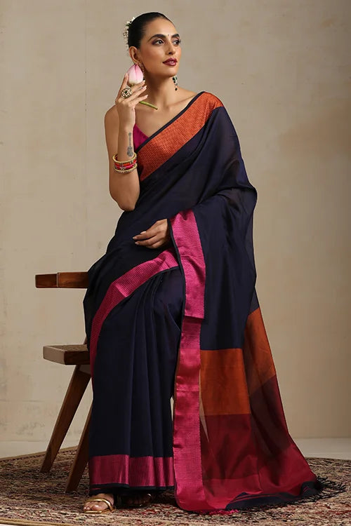 Handweave Maheshwari Handloom Midnight Blue Silk Cotton Resham Border Tri Coloured Pallu With Ganga Jamuna Border.