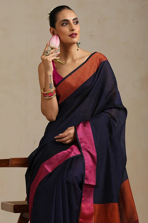 Handweave Maheshwari Handloom Midnight Blue Silk Cotton Resham Border Tri Coloured Pallu With Ganga Jamuna Border.