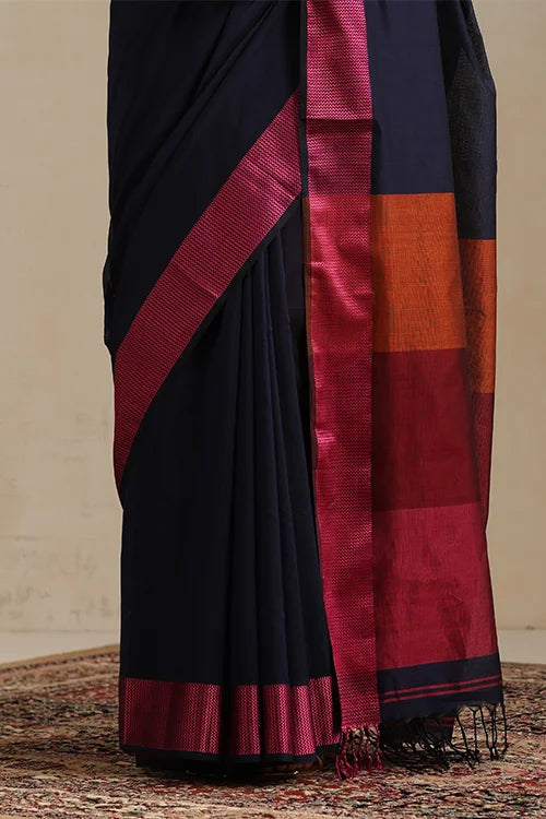 Handweave Maheshwari Handloom Midnight Blue Silk Cotton Resham Border Tri Coloured Pallu With Ganga Jamuna Border.