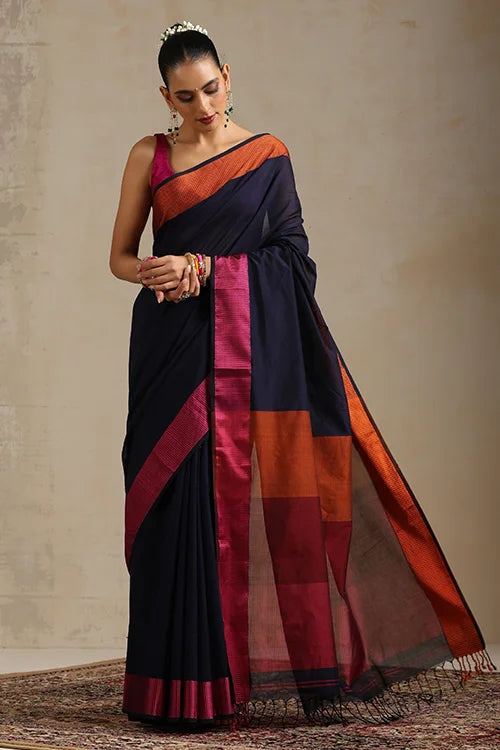 Handweave Maheshwari Handloom Midnight Blue Silk Cotton Resham Border Tri Coloured Pallu With Ganga Jamuna Border.