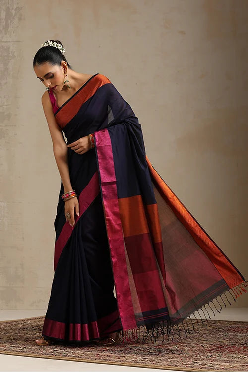 Handweave Maheshwari Handloom Midnight Blue Silk Cotton Resham Border Tri Coloured Pallu With Ganga Jamuna Border.