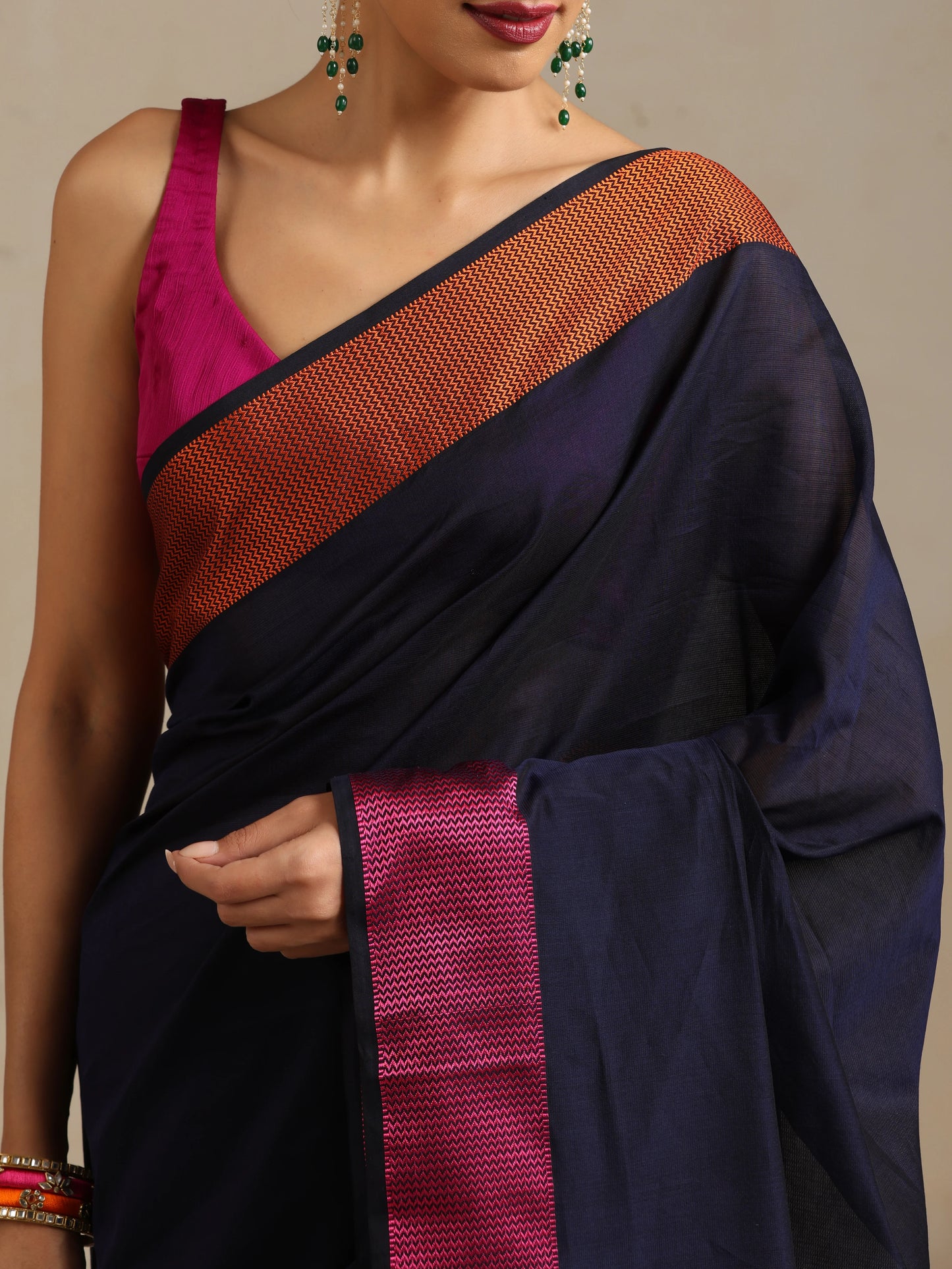 Handweave Maheshwari Handloom Midnight Blue Silk Cotton Resham Border Tri Coloured Pallu With Ganga Jamuna Border.