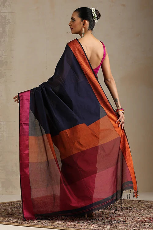 Handweave Maheshwari Handloom Midnight Blue Silk Cotton Resham Border Tri Coloured Pallu With Ganga Jamuna Border.