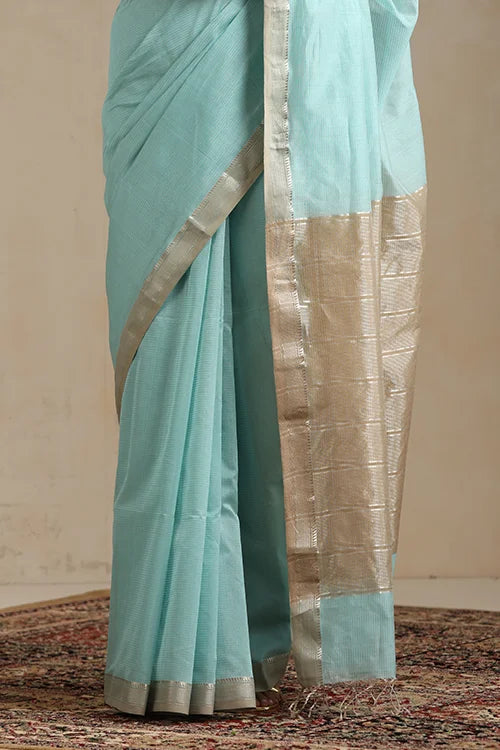 Handweave Maheshwari Handloom Sky-Blue Sona Pallu Saree With Silver Zari Border.