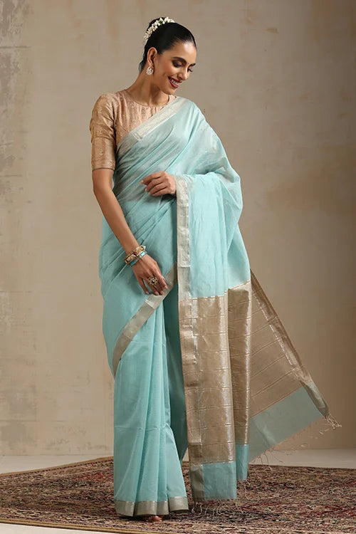 Handweave Maheshwari Handloom Sky-Blue Sona Pallu Saree With Silver Zari Border.