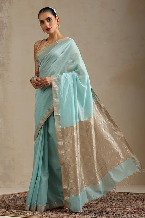 Handweave Maheshwari Handloom Sky-Blue Sona Pallu Saree With Silver Zari Border.
