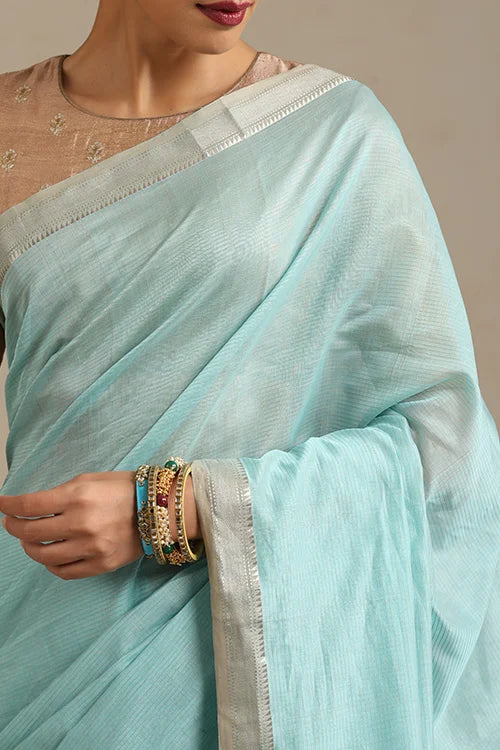 Handweave Maheshwari Handloom Sky-Blue Sona Pallu Saree With Silver Zari Border.