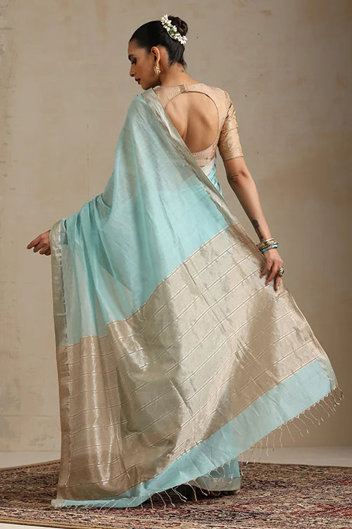 Handweave Maheshwari Handloom Sky-Blue Sona Pallu Saree With Silver Zari Border.