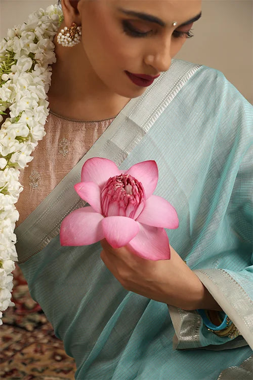 Handweave Maheshwari Handloom Sky-Blue Sona Pallu Saree With Silver Zari Border.