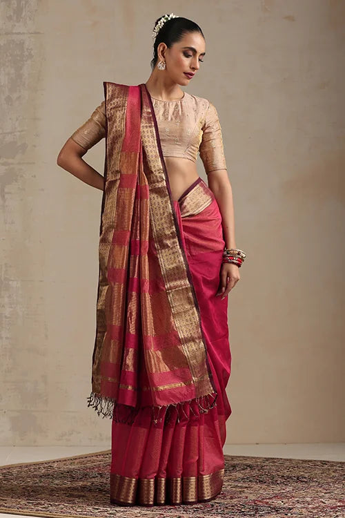 Handweave Maheshwari Handloom Diamond Rani Pink Saree.