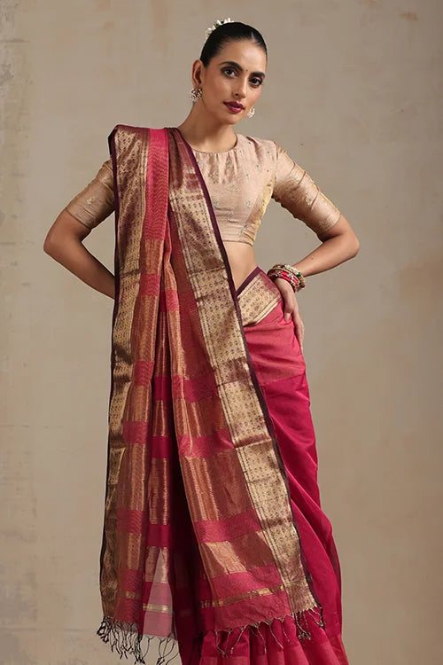 Handweave Maheshwari Handloom Diamond Rani Pink Saree.