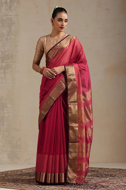 Handweave Maheshwari Handloom Diamond Rani Pink Saree.
