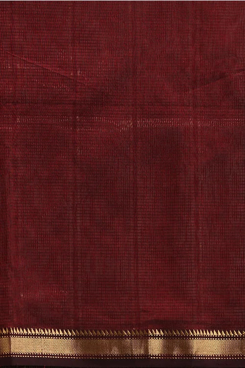 Handweave Maheshwari Handloom Maroon Sona Pallu Saree With Silver Zari Border.