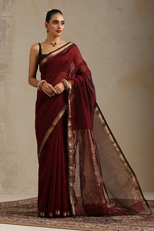 Handweave Maheshwari Handloom Maroon Sona Pallu Saree With Silver Zari Border.