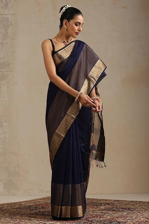 Handweave Maheshwari Handloom Diamond Silk Cotton Navy Blue Saree.